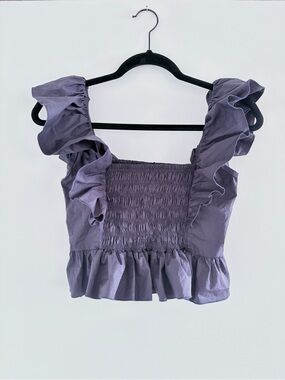 MONICA NERA Navy Ruffle Square-Neck Crop Top